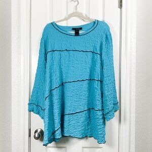 Ali Miles Plus 1X Turquoise Contrast Stitch Tunic Top 3/4 Sleeve Wrinkle Free